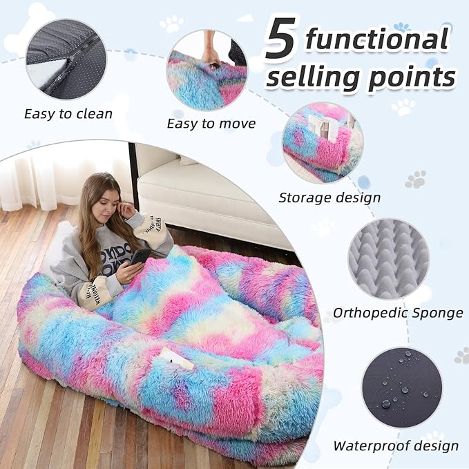 Human Dog Bed, 71''x45''x12'' Size Fits You and Pets, Washable Faux Fur Pet Bed for People Doze Off, Napping Orthopedic Dog Bed, Present Plump Pillow, Blanket, Strap - Rainbow