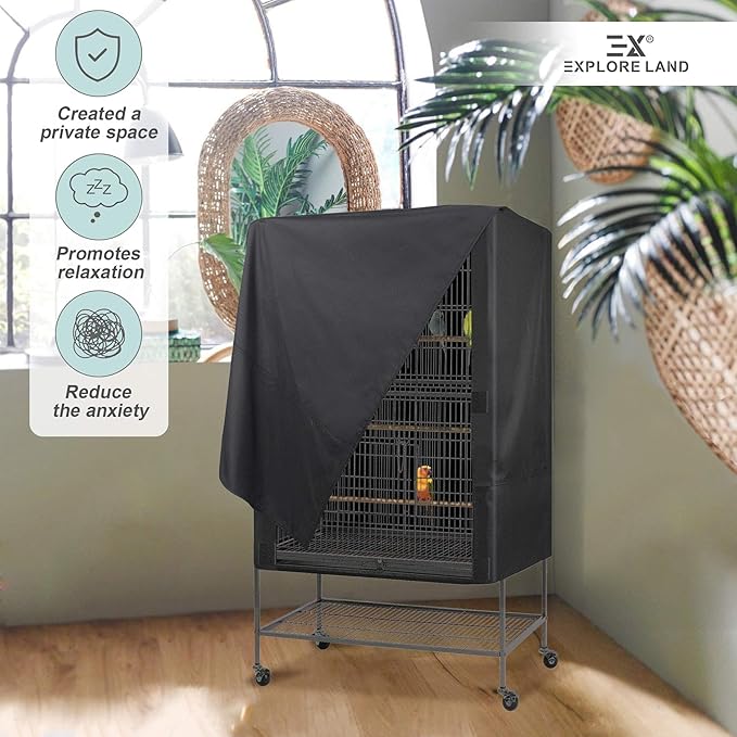 Explore Land Bird Universal Pet Cage Cover Good Night for Cats, Mink, Totoro, Parakeet, Parrot and Small Animals (Black, L)