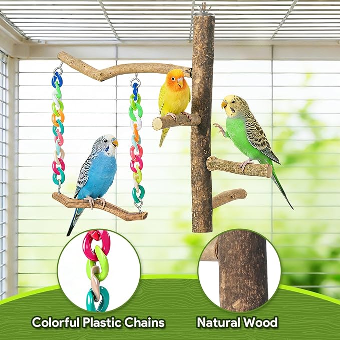 Bird Toys, Bird Swing Toys with Perch Stand, Cage Accessories for Budgies, Parakeets, Cockatiels & Other Small Birds