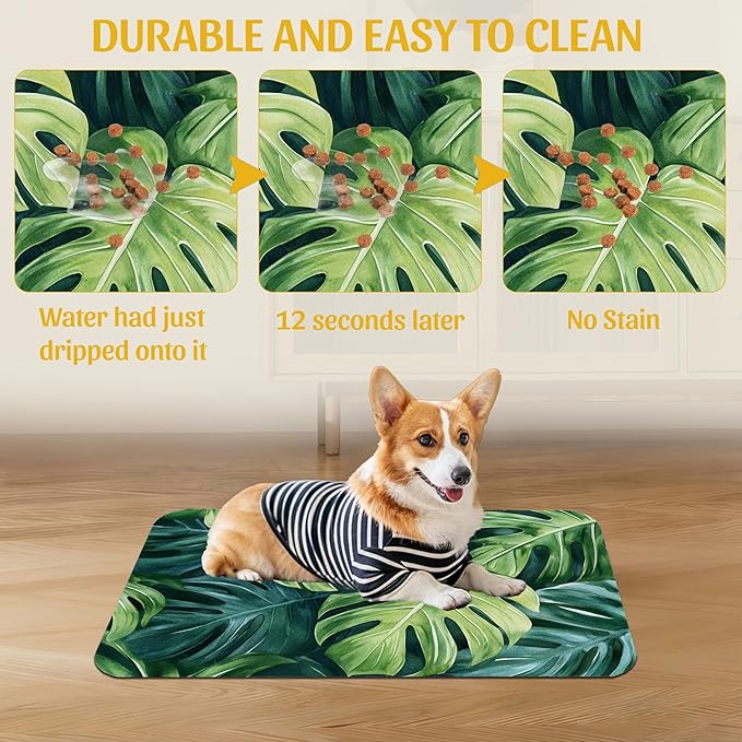 Tropical Palm Leaves Pet Feeding Mat, Absorbent Quick-Dry Dog Cat Bowl Mat, Non-Slip Bottom, Indoor Use – 16x24 Inch