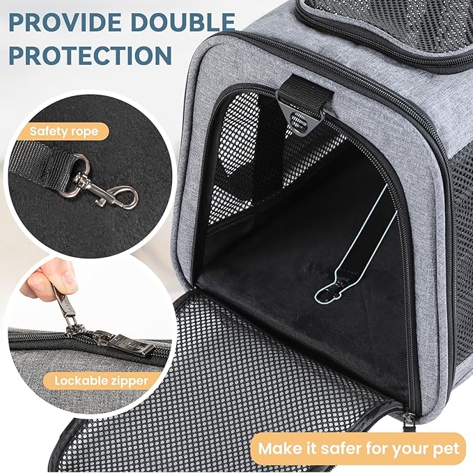 19 x 12 x 12 Large Cat Car Carrier – Roomy Escape-Proof Cat Car Seat for Safe Driving, Lockable Zippers & Safety Tether, Soft-Sided Travel Carrier for Road Trips & Vet Visits