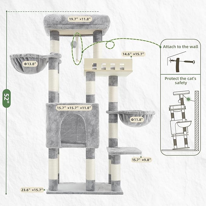 Cat Tree for Indoor Cats Large Adult, Heavy Duty Cat Tree for Large Cats 20 lbs+, Cat Condo with Big Wooden Perch, Cat Tower with 14 Scratching Posts, Hammock, Light Gray GCT023W