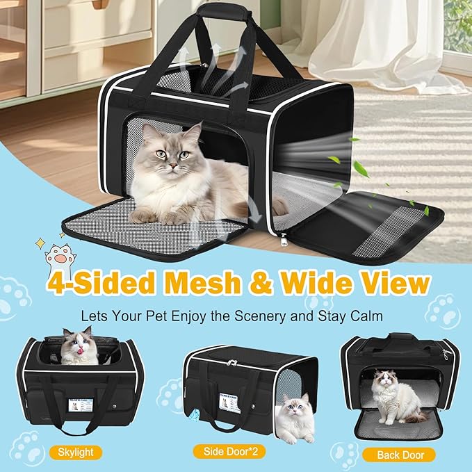 HUANLANG Soft-Sided Cat Carrier Airline Approved,Dog Carriers for Small Dogs Medium Cats,Pet Travel Carrier Up to 20 Lbs,Collapsible Cat Bag