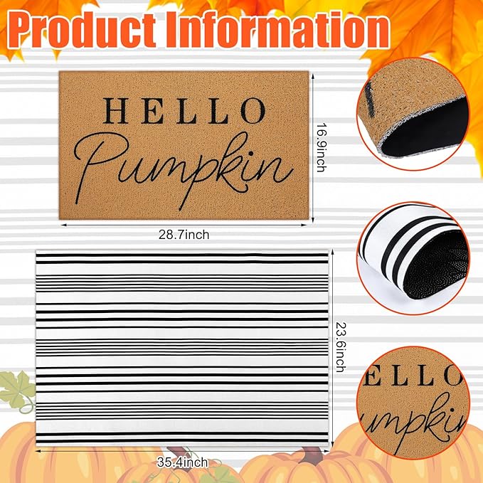 Tinideya 2 Pcs Door Mat Welcome Non Slip Coir Mats Floor Layering Doormats Seasonal for Front Porch Entryway Decor(Hello Pumpkin)