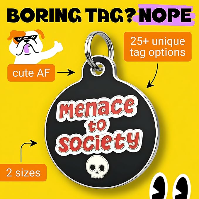 Bad Tags Personalized Dog and Cat ID Tags in 25+ Designs and 2 Sizes - 5 Lines of Custom Engraved Text - Funny Cute Personalized Pet Tags (Menace to Society, Large (1.25 inch))