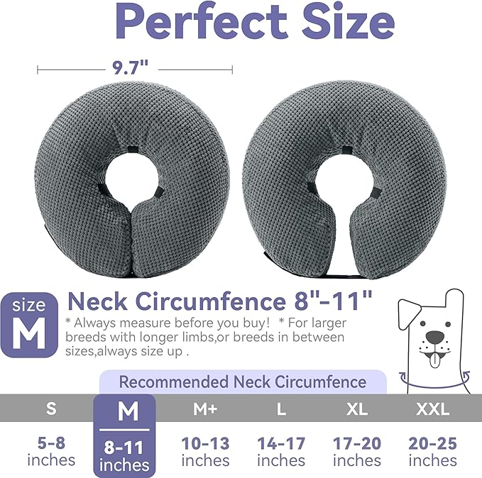 Soft Inflatable Dog Cone Alternative - Neck Donut E Collar for Large, Medium, Small Dogs & Cats - Post Surgery Recovery Collar to Stop Licking - Grey