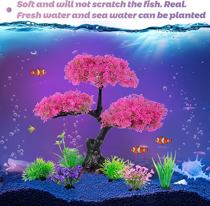 Ameliade Aquarium Artificial Plastic Plants Decoration, Pink Cherry Blossom Tree Aquarium Decor Set, Goldfish Betta Fish Tank Decorations Hides Accessories（Pink