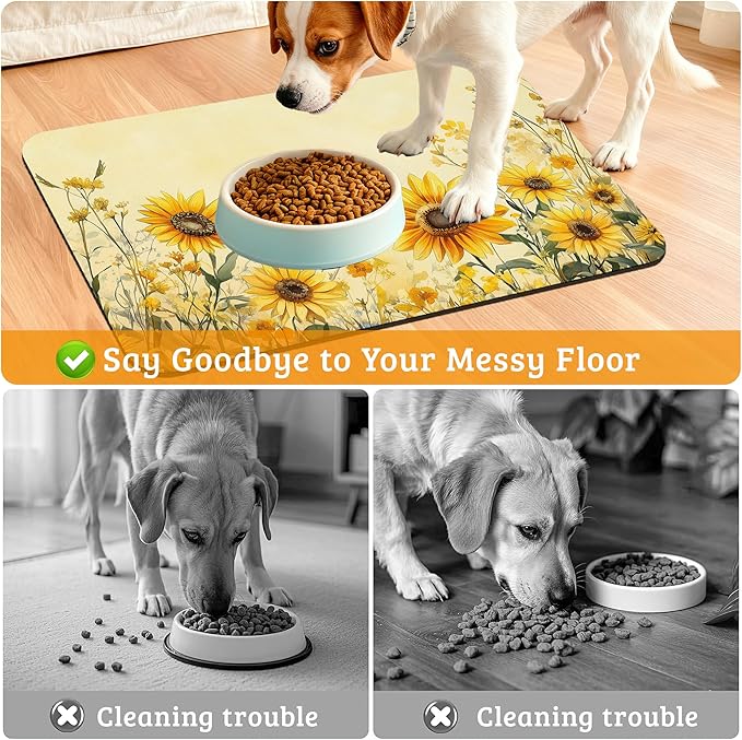 Yellow Floral Feeding Mat,Sunflower Absorbent Quick-Dry Cat Dog Food and Water Bowl Mats,Non-Slip Rubber Backing Mat,Cat Dog Accessories Supplies 12" x 20"