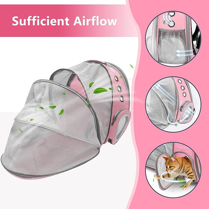 Cat Backpack Carrier Back Expandable Bubble Pet Carrier Backpack for Large Cat, Kitten and Dog, Designed for Hiking, Travelling and Outdoor Use (Back Expandable-Pink)