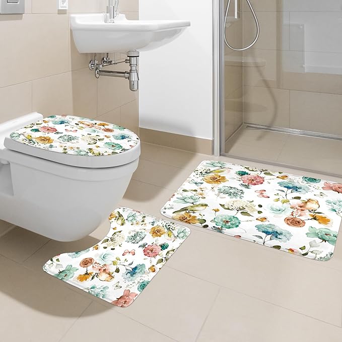 4 PCS Green Floral Birds Bathroom Set with Shower Curtain and Rugs 72Wx72H Inch Classical Watercolor Non-Slip Bath Rug Toilet Lid Cover and U Shape Mat Accessories 12 Hooks Bathoom Decor
