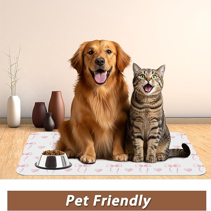Cute Pink Bow Dog Food Mat for Floors,Heart Absorbent Pet Food and Water Bowl Mats,Non-Slip Pet Feeding Mat,Pet Supplies 16" x 24"