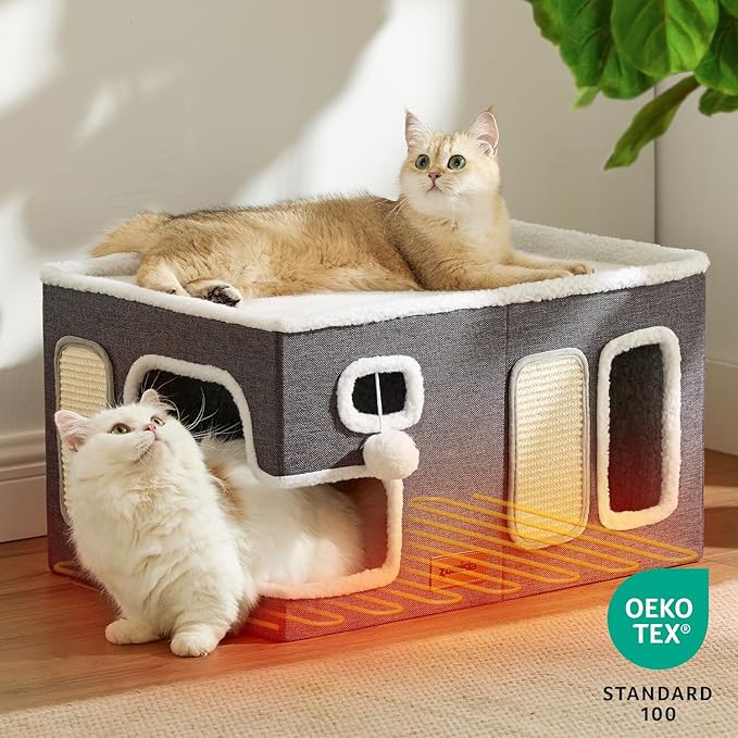 Heated Cat House for Indoor Cats - Large Cat Warming Bed for Winter with Fluffy Ball Hanging and Adjustable Heating Pad, Foldable Cat Hideaway,23x16.5x13 inches, Green