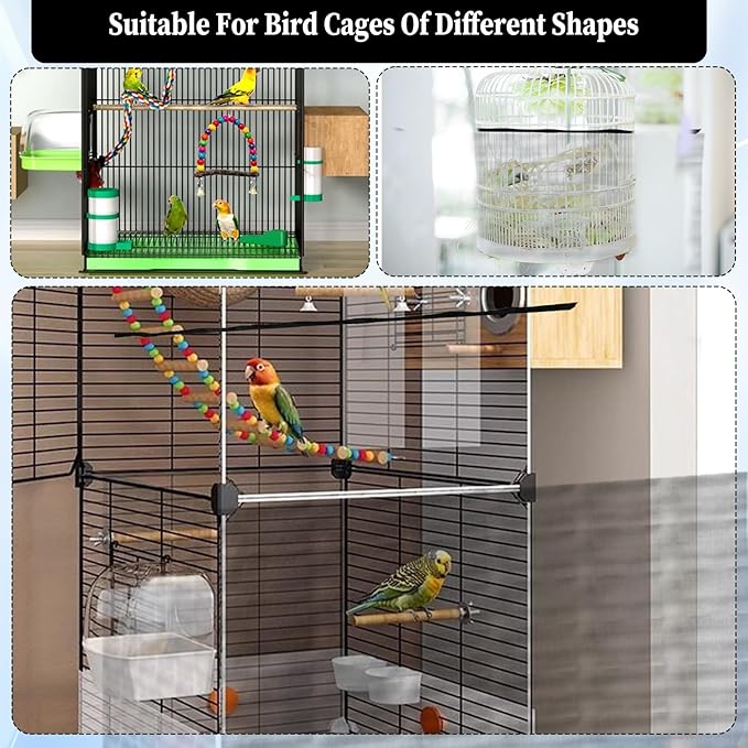 2PCS Bird Cage Cover, Bird Cage Seed Catcher, Birdcage Cover Skirt, Airy Nylon Guard Net for Parrot Parakeet Macaw Round Square Cages (Black, 110-220 cm/43.31-86.61 in)