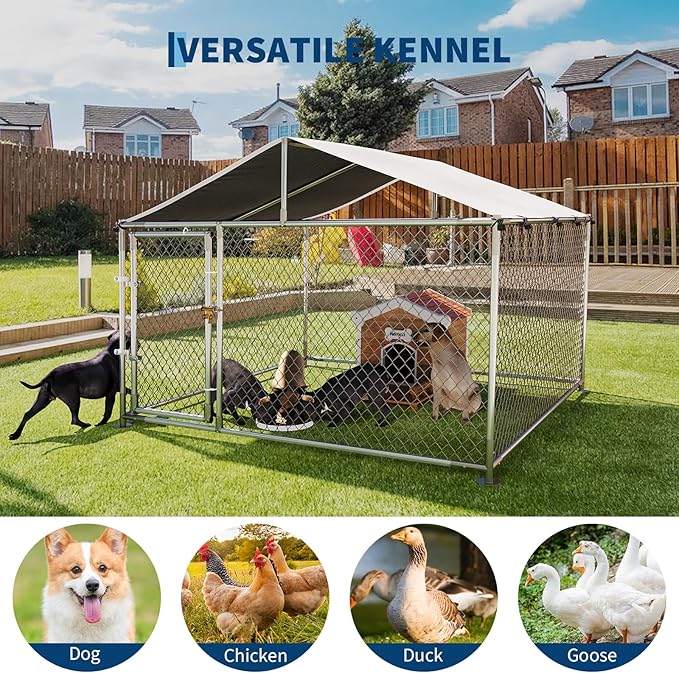 Large Dog Kennel Outdoor with Roof Heavy Duty Dog Enclosure Outside Pet Fence for Yard Dog Boarding Kennel Poultry House Cage Steel Fence with Ground Anchor Secure Lock Farm Training 7.5×7.5×5.5FT