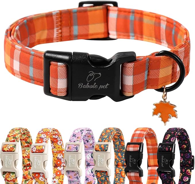 Fall Dog Collar Cute Orange Plaid Puppy Collar - Light Comfortable Adjustable Pet Collars for Small Medium Large Girl Boy Dogs L