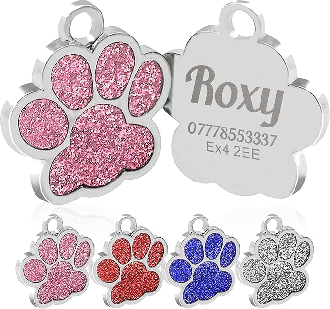 EDSG Cat Dog Tags Personalized for Pets, Dog Name Tags Cat Name ID Tag, Engraved Dog Tags Dog ID Tags Small Glitter Bling ID Tag Paw Print for Cat Pet Dog Puppy(Silver,Design 1)