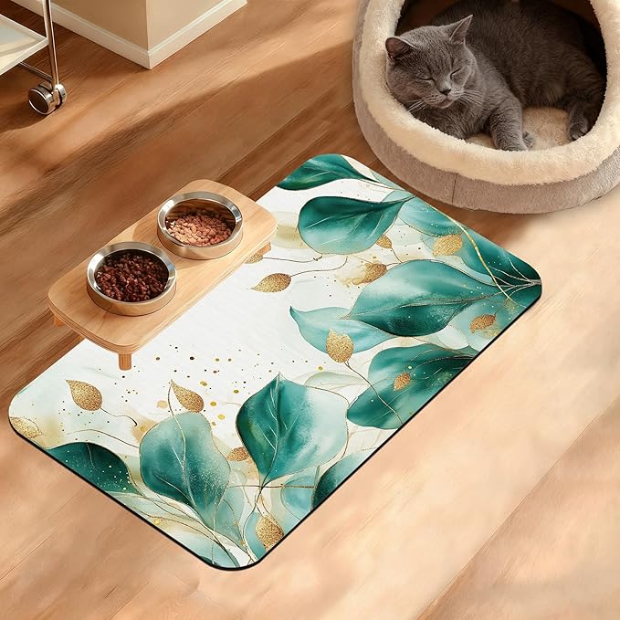 Green Plam Dog Cat Food Mat,Tropical Leaves Absorbent Waterproof Placemat for Food and Water Non Slip Rubber Backing Durable Feeding Pad for Clean Floors 12" x 20"
