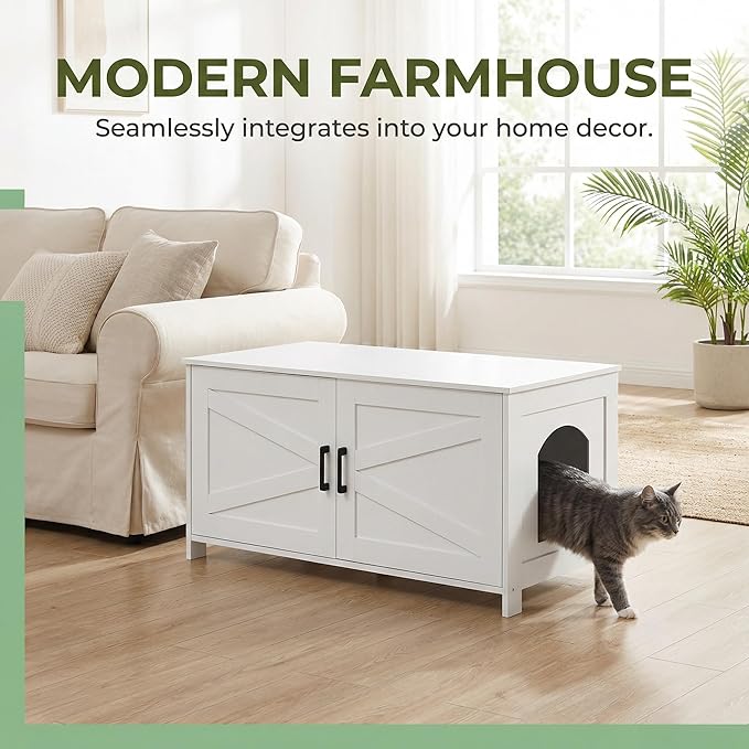 Homhedy 39.4" L Cat Litter Box Enclosure, Pet House with Barn Door, Wooden Cat Washroom Furniture, Fit Most of Litter Box, White