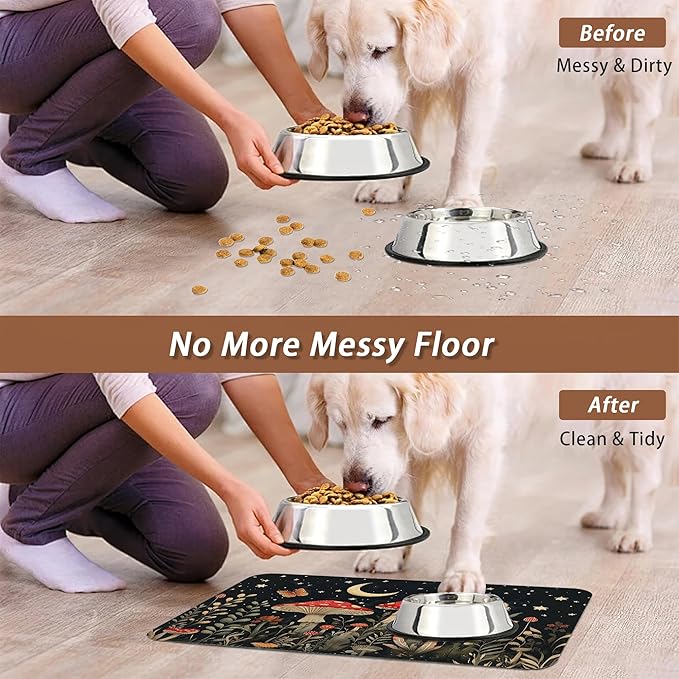 Red Mushrooms Pet Feeding Mat,Wildflower Plant Butterfly Absorbent Quick-Dry Cat Dog Food and Water Bowl Mats,Non-Slip Rubber Backing Mat,Cat Dog Accessories Supplies 12"x20"