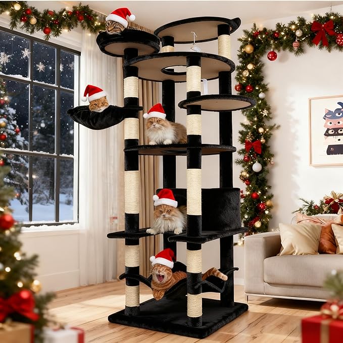 78.8" Large Cat Tree Tower for Indoor Kitties, Multi-Level Furniture Activity Center for Tall Cat Condo with Cozy Perches,Sisal Scratching Posts,Hammock and Basket (78.8 inch Dark Gray)