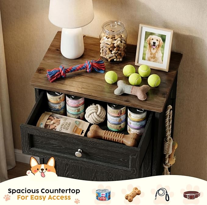21’’W Dog Feeding Station with Storage, Tilt Out Dog Food Cabinet with Drawer, 2 Feeding Bowls, Pet Food Storage, Cat Feeding Station, Dogs Storage Organizer, (Black, Single Door)