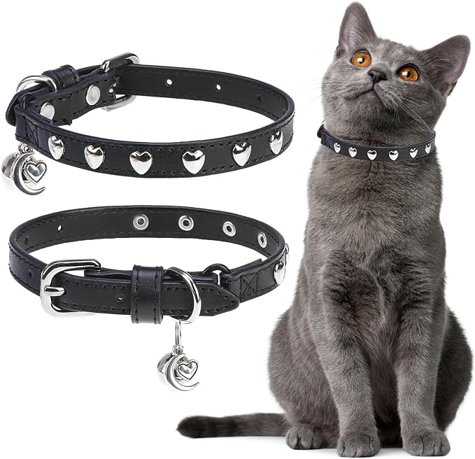 EXPAWLORER Leather Cat Collar for Girl Boy- Adjustable Pet Collar with Safety Elastic Belt,Personalized Heart Accessories Buckle Collars with Bell & Durable D-Ring,Heart (Black)