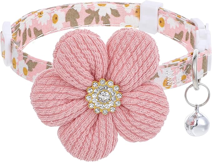 Cat Collars Breakaway Cat Collar with Bells, Rhinestone Flower Kitten Collars with Bell, Floral Pet Collar and Safety Buckle for Cats and Puppy Dog, 7.09-11.81inch (Pink)