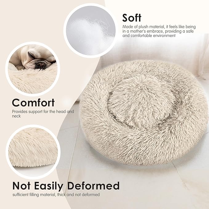 28in Large Dog Bed, Medium Size Dog and Cats, Calming Donut Bed for Puppy and Kitten, Washable Round Fluffy Pet Bed (Light Brown)
