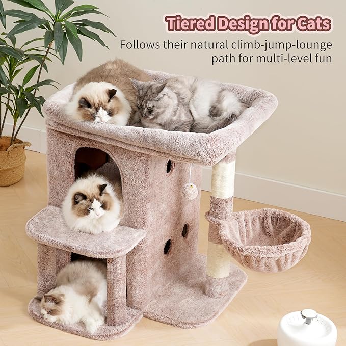 Heybly Cat Tree, 25.6-inch Cat Tower with Spacious Top Perch for Large Cats, Stair-Style Cat House Furniture with Dual-Layer Condos, Sisal Scratching Posts, Cozy Basket & Pompom, Muchroom HCT204SMU