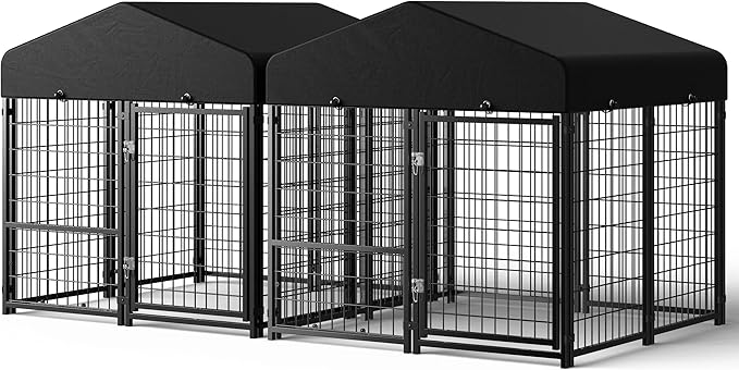 2PCS Dog Kennel Outdoor, Outside Dog Kennel with Roof & Removable Doggy Door Allow Connecting Your Dog House, Square Pet Enclosure Dog Run Yard for Medium/Small Dogs(4'Lx4'Wx4.6'H)