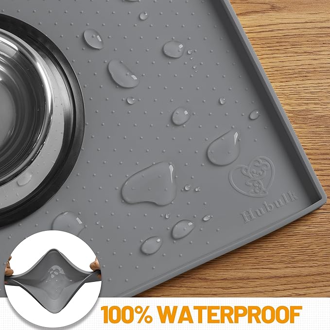 Hubulk Dog Feeding Mat,100% Waterproof Food Grade Silicone Pet Food and Water Bowl Placemat,Dishwasher, High Raised Edge to Prevent Spills,Nonslip Tray to Stop Messes on Floor (32"x24"x1.0", Grey)
