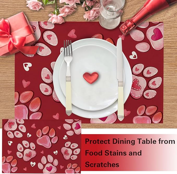 Valentines Day Dog Cat Paw Prints Placemats Set of 4, Pink Red Love Hearts Dining Place Mats Table Decor Pet Lover Gifts, Anniversary Wedding Home Kitchen Decoration 12 x 18 Inch