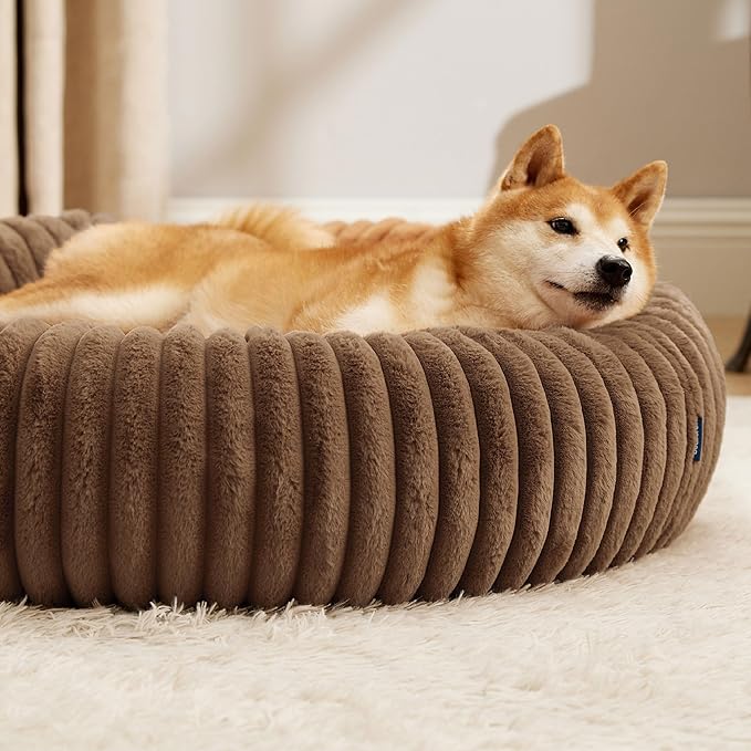 Bedsure ComfyFleece™ Donut Large Dog Bed - Washable Faux Fur with Corduroy Fleece & Anti Slip Bottom, Round Pet Bed with Removable Cover, Camel Brown, 36x36x8 inches