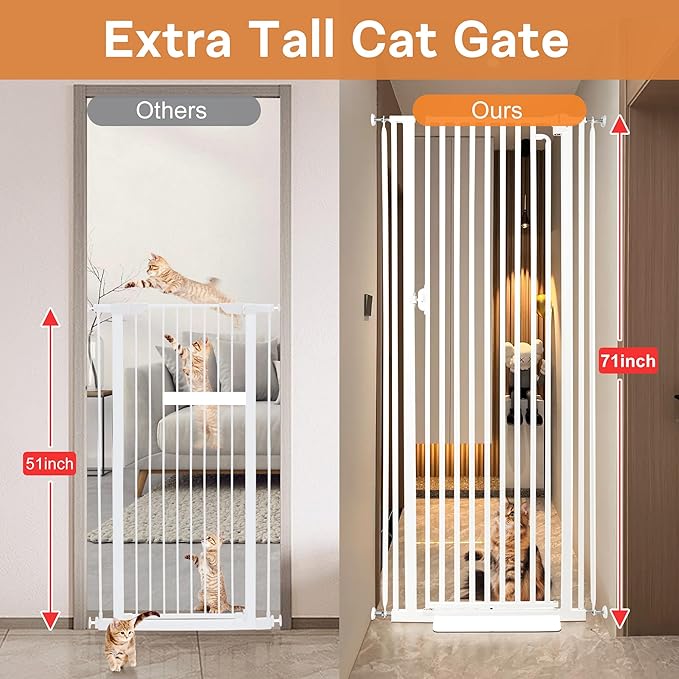 71“ Extra Tall Cat Gate for Doorway: 37.4-41.3” Wide Pet Gate, Auto Close/One Handed Open, 1.34” Extra Small Gap, No Drill Pressure Mount Tall Cat Gate for Interior Stairs/Kitchens/Hallways (White)