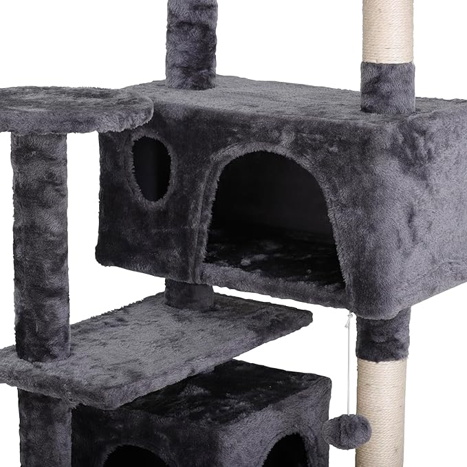 54-Inch Cat Tree for Large Cats, Sturdy Multi-Level Cat Tower with 2 Condos, Hanging Ball and Sisal Scratching Posts, Durable Cat Furniture for Indoor Cats (Dark Grey)
