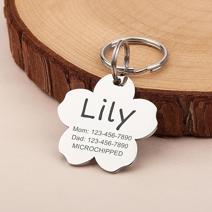 Anavia Personalized Pet ID Tags, Stainless Steel Glossy Laser Engraved Dog Cat Collar Name Tags, Multiple Colors Shapes Sizes (Cherry Blossom, Small)