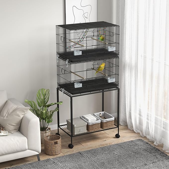 PawHut Double Stackable Bird Cage with Stand, Wooden Swing, Rope Ladder & Wheels for Canaries, Lovebirds Finches, Budgie Cage with Storage Shelf, Removable Tray, Wooden Perches & Food Containers