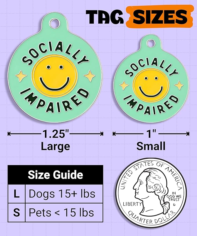 Bad Tags Personalized Dog and Cat ID Tags in 25+ Designs and 2 Sizes - 5 Lines of Custom Engraved Text - Funny Cute Personalized Pet Tags (Socially Impaired, Small (1 inch))