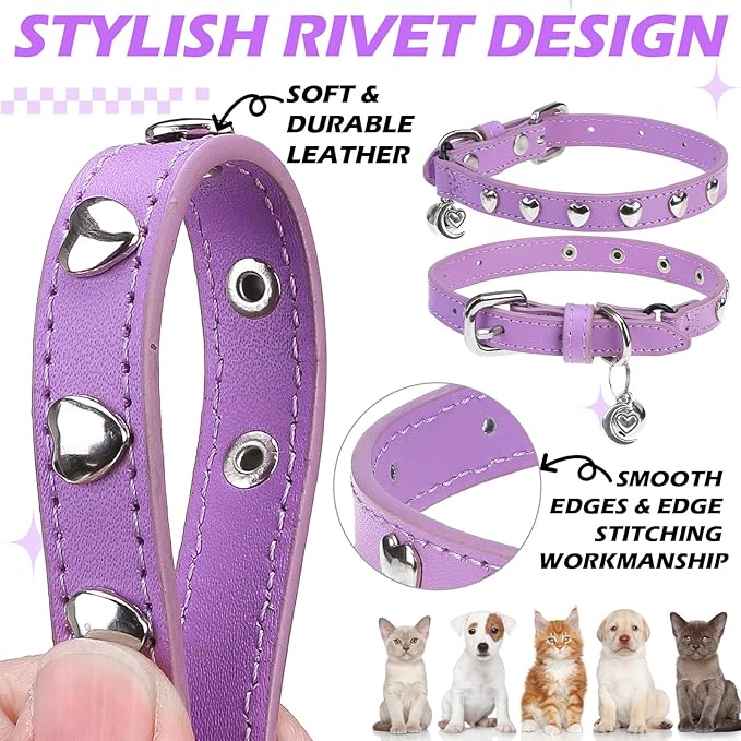 EXPAWLORER Leather Cat Collar for Girl Boy- Adjustable Pet Collar with Safety Elastic Belt,Personalized Heart Accessories Buckle Collars with Bell & Durable D-Ring,Heart (Purple)