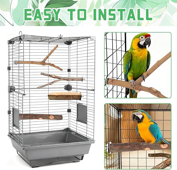 BILLIOTEAM 4-Pack Natural Wood Bird Perch Stand with Spacious Platform, Thick & Long Branches, Large Parrot Cage Accessories for African Grey, Macaws, Conures, Eclectus (Medium & Large Birds)