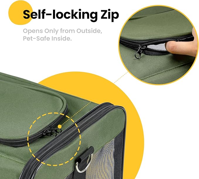 Dog Carrier Soft Sided, Large Cat Carrier with Inner Safety Leash, Pet Transport Carrier for Large Cats and Medium Dogs up to 20 Lbs, Collapsible Travel Puppy Carrier Bag -Green L