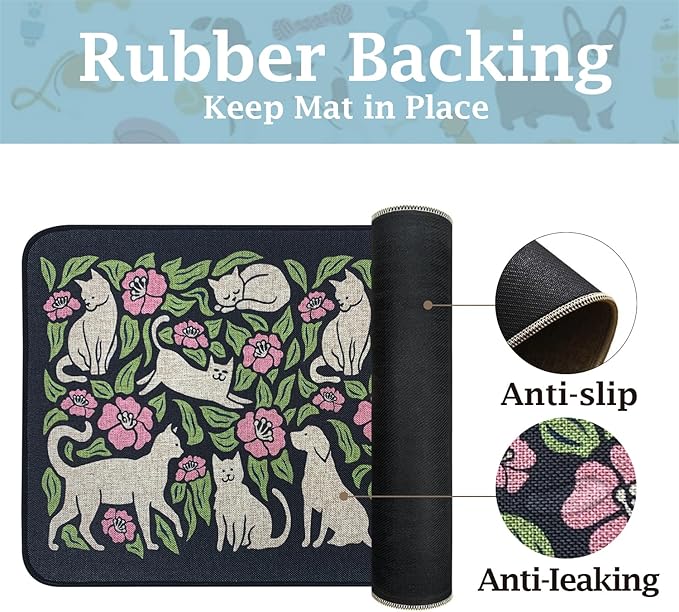 SHIYUE Dog Food Mats for Floors, Absorbent Cat Bowl for Food and Water, Non-Slip Accessories Pet Supplies(12"x20",Black Animal Flower)