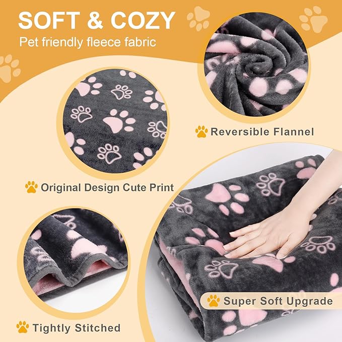 Dog Blankets for Large Dogs,Washable Pet Blanket, Soft Crate Bed with Paw Pattern for Kennel/Couch, Grey & Pink 80x60 Inch