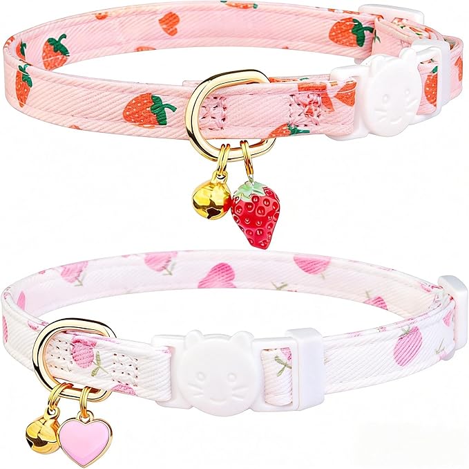 2-Pack Cotton Breakaway Cat Collar with Bell - Pink Strawberries & White Heart Pendant, Adjustable Soft Kitten Collar for Safety and Comfort