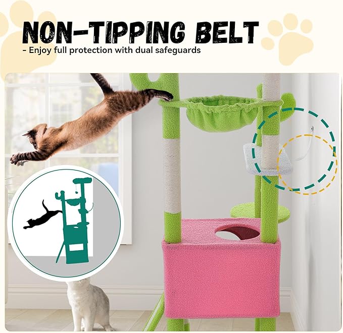 DWVO 68" Tall Cactus Cat Tree: Cats Tower with Sisal Scratching Posts, Kittens Hideout Pet House - Multi-Level Indoor Activity Center for Climbing Play, Green & Pink