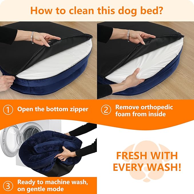 Dwanton Orthopedic Dog Bed for Large Dogs with Gel Memory Foam, Waterproof Dog Sofa, Washable Pet Bed with Four Sided Bolster Cushion, Removable Cover & Non-Slip Bottom, 42", Navy Blue