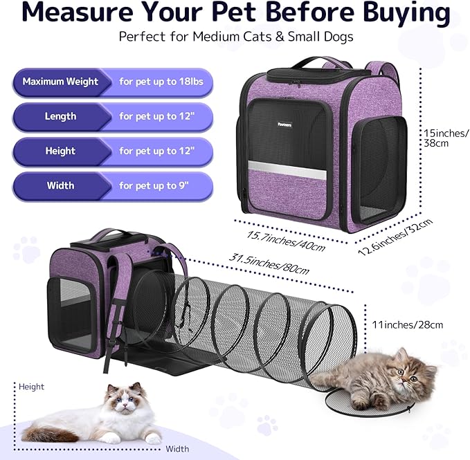 Cat Backpack Carrier with Detachable Play Tunnel, 2 in 1 Cat Tunnel Backpack Suitable for Carrying & Playing, Expandable Dog Carrier for Small Medium Kitten Puppy, Suitable for Travel Hiking Camping