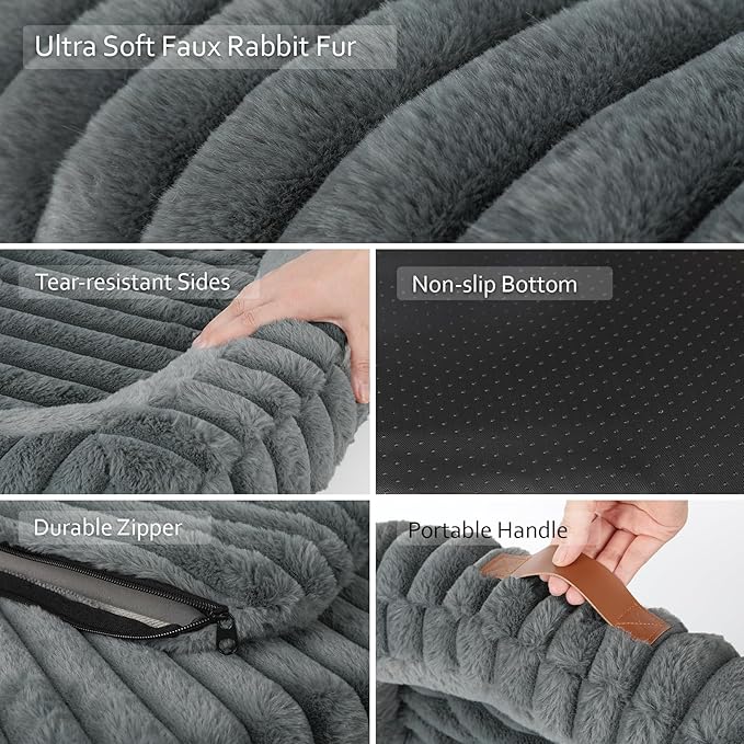 Cute Dog Bed for Small & Medium Dogs - Calming Orthopedic Rectangle Dog Bed with Reversible Cushion and Removable Cover, Washable Soft Pet Kennel Bed with Handle, 30x24x4Inches, Warm Grey