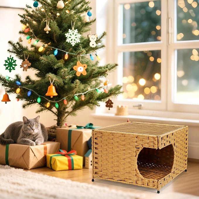 Cat House for Indoor Cats - Wicker Cat Bed with Double-Sided Soft Cushion, Decorative Handwoven Pet Bed Furniture