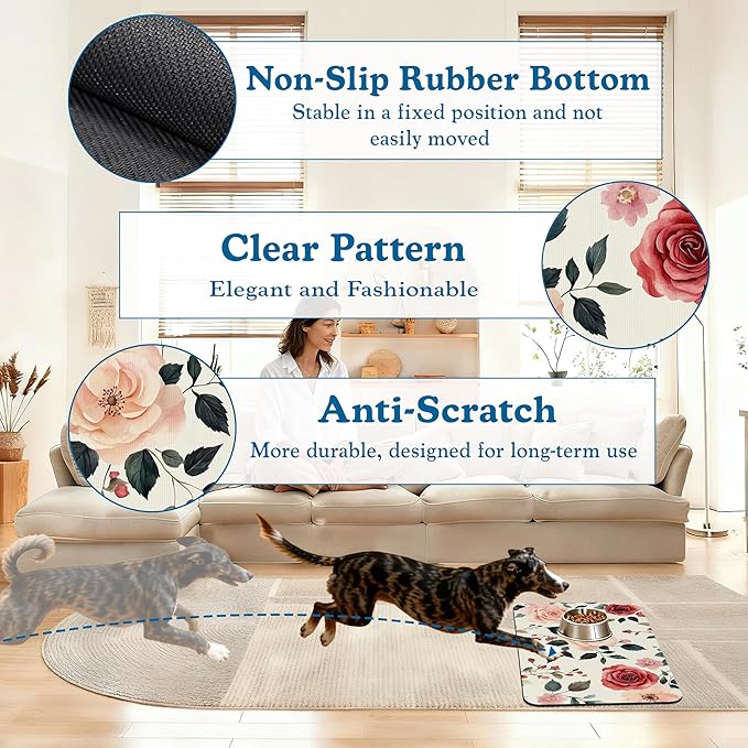 Pink Flower Leaf Pet Feeding Mat–Christmas Stocking Quick Dry Absorbent Dog Cat Food Mat, Non Slip Waterproof Bowl Placemat for Messy Eaters, Pet Accessories for Floors 12"x20"
